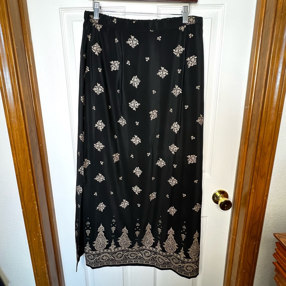 Black Gold Boho Maxi Skirt Flowy High Waist Side Slit Size 14